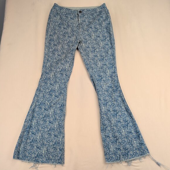 Rock & Roll Denim Bargain Button Flare Jeans 31x32 Blue Floral - Picture 2 of 10